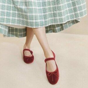 miss left Women Bowknot Ankle Strap Mary Jane Classic Closed Round Toe Flats Red